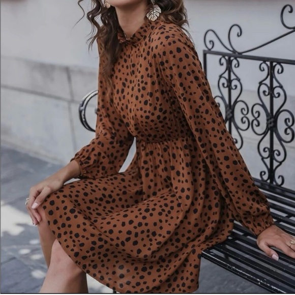 SHEIN Dresses & Skirts - Brown Black Dalmatian Print Mock‎ Neck Long Sleeve Elastic Waist Mini Dress